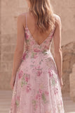 Sparkly Pink Sequin Floral A Line Spaghetti Straps Long Formal Dress