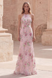 Sparkly Pink Sequin Floral Mermaid Backless Long Formal Dress