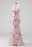 Sparkly Pink Sequin Floral Mermaid Backless Long Formal Dress
