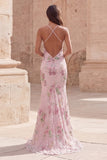 Sparkly Pink Sequin Floral Mermaid Backless Long Formal Dress
