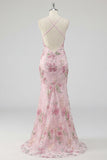 Sparkly Pink Sequin Floral Mermaid Backless Long Formal Dress