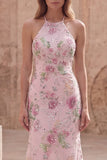 Sparkly Pink Sequin Floral Mermaid Backless Long Formal Dress
