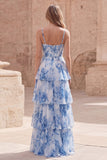 White Blue Flower A Line Long Corset Tiered Long Prom Dress with Ruffles