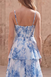White Blue Flower A Line Long Corset Tiered Long Prom Dress with Ruffles