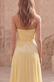 Strapless Yellow Floral A Line Pleated Long Prom Dress