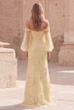 Off the Shoulder Yellow Mermaid Appliqued Long Prom Dress with Sleeves