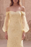 Off the Shoulder Yellow Mermaid Appliqued Long Prom Dress with Sleeves