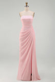 Light Pink Strapless Sheath Ruched Long Formal Dress with Slit