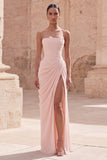 Light Pink Strapless Long Formal Dress Sheath Ruched Wedding Guest Dress with Slit