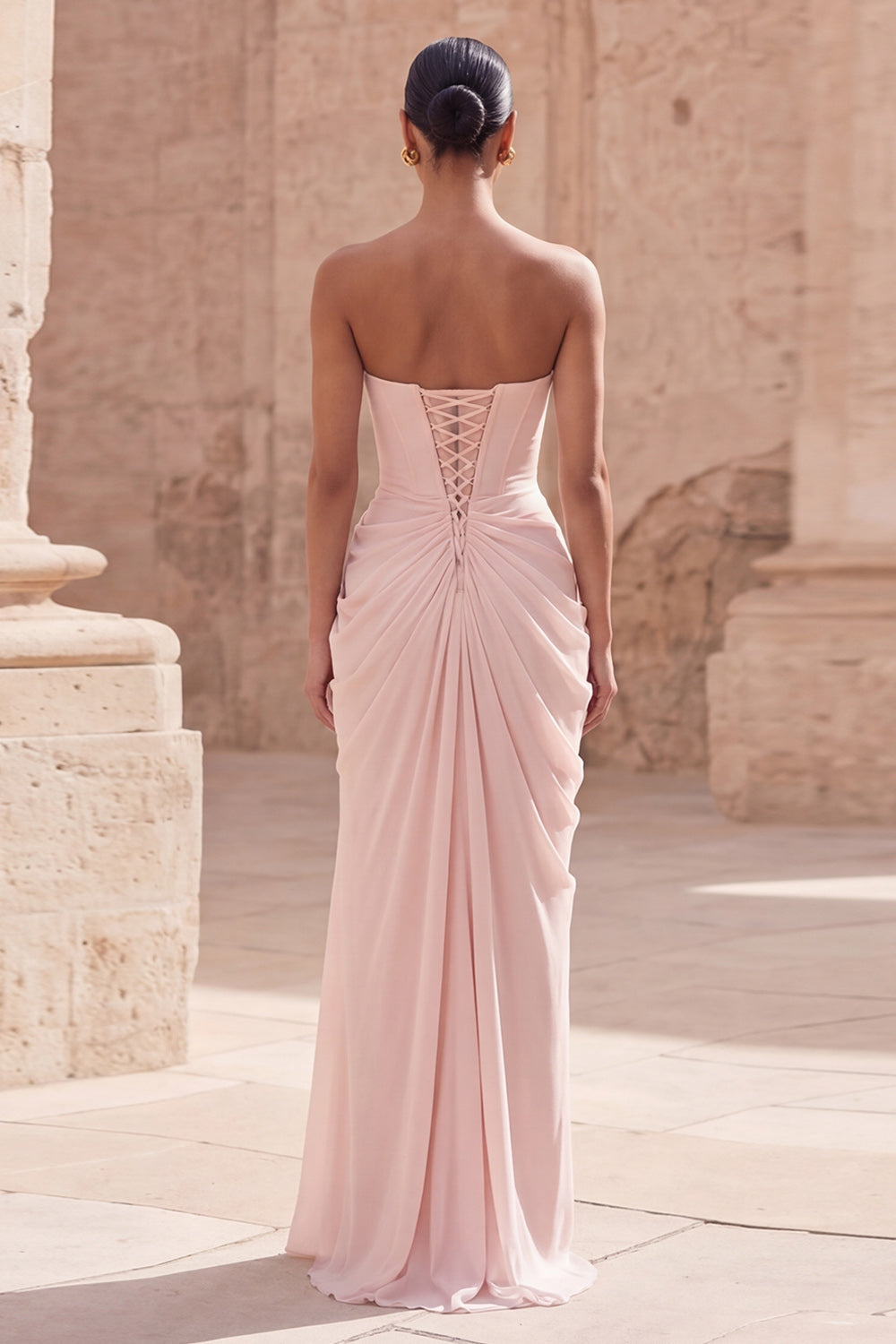 Zapaka Women Light Pink Strapless Long Formal Dress Sheath Ruched Wedding Guest Dress with Slit – ZAPAKA AU