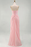 Light Pink Strapless Sheath Ruched Long Formal Dress with Slit