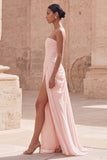 Light Pink Strapless Sheath Ruched Long Formal Dress with Slit