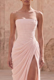 Light Pink Strapless Sheath Ruched Long Formal Dress with Slit