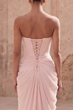 Light Pink Strapless Sheath Ruched Long Formal Dress with Slit