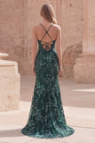 Dark Green Beaded Sequin Mermaid Long Prom Dress with Slit