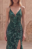 Dark Green Beaded Sequin Mermaid Long Prom Dress with Slit