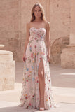 Strapless Ivory Floral A Line Long Prom Dress with Slit