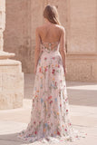 Strapless Ivory Floral A Line Long Prom Dress with Slit