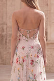 Strapless Ivory Floral A Line Long Prom Dress with Slit