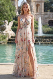 Ivory Flower A Line Spaghetti Straps Long Prom Dress with Slit