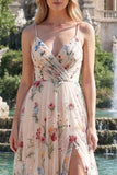 Ivory Flower A Line Spaghetti Straps Long Prom Dress with Slit
