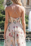 Ivory Flower A Line Spaghetti Straps Long Prom Dress with Slit