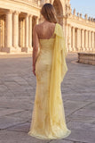 Yellow One Shoulder Mermaid Floral Embroidered Long Prom Dress with Sash