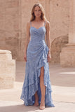Dusty Blue A Line Floral Long Wedding Guest Dress with Ruffled Slit