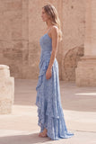 Dusty Blue A Line Floral Long Wedding Guest Dress with Ruffled Slit
