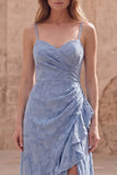 Dusty Blue A Line Floral Long Wedding Guest Dress with Ruffled Slit