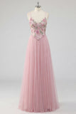 Pink Floral A Line Spaghetti Straps Sequin Tulle Long Formal Dress