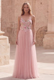 Pink Floral A Line Spaghetti Straps Sequin Tulle Long Formal Dress