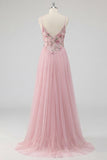 Pink Floral A Line Spaghetti Straps Sequin Tulle Long Formal Dress