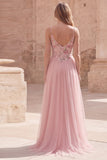 Pink Floral A Line Spaghetti Straps Sequin Tulle Long Formal Dress