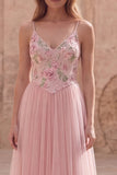 Pink Floral A Line Spaghetti Straps Sequin Tulle Long Formal Dress