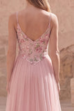 Pink Floral A Line Spaghetti Straps Sequin Tulle Long Formal Dress