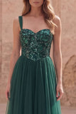 Dark Green A Line Spaghetti Straps Sequin Long Prom Dress