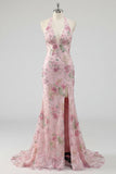 Sparkly Mermaid Pink Floral Halter Neck Backless Long Formal Dress with Slit