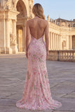 Sparkly Mermaid Pink Floral Halter Neck Backless Long Formal Dress with Slit