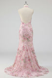 Sparkly Mermaid Pink Floral Halter Neck Backless Long Formal Dress with Slit