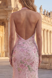 Sparkly Mermaid Pink Floral Halter Neck Backless Long Formal Dress with Slit