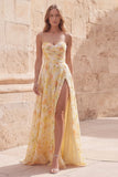 Strapless Yellow Floral A Line Ruched Long Prom Dress with Slit
