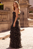 Black Polka Dots Sheath Sweetheart Corset Ruffled Tiered Long Prom Dress