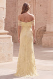 Yellow Mermaid Off the Shoulder Long Prom Dress with Floral Embroidery