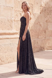 Sparkly Black Sweetheart A-Line Ruched Beaded Long Prom Dress with  Slit