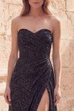 Sparkly Black Sweetheart A-Line Ruched Beaded Long Prom Dress with  Slit