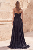 Sparkly Black Sweetheart A-Line Ruched Beaded Long Prom Dress with  Slit