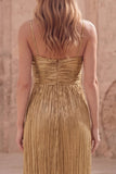 Gold Sheath Spaghetti Straps Sleeveless Ruched Long Prom Dress