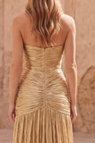Gold A-Line Strapless Ruched Sleeveless Long Prom Dress