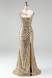 Sparkly Gold Mermaid Sequins One Shoulder Ruched Long Formal Dress with Slit